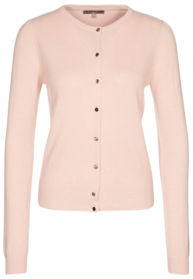 Ljusrosa stickad cardigan med rund hals, långa ärmar och knappstängning med guld detaljer fram.