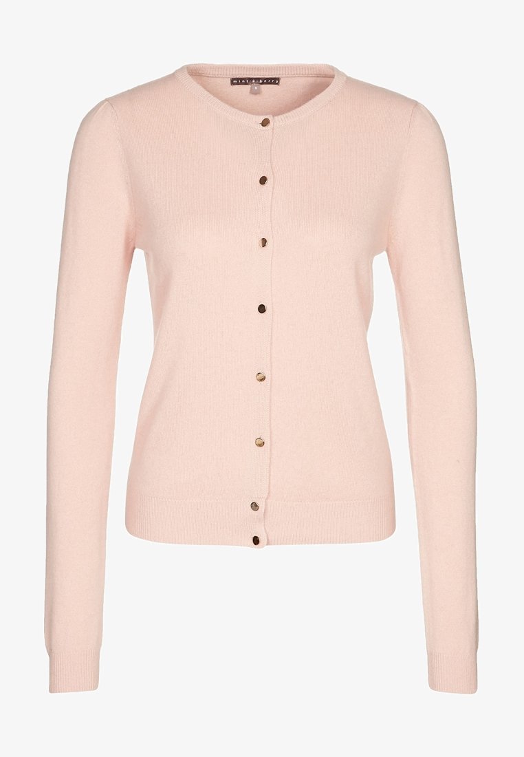 Light pink knit cardigan featuring a round neck, long sleeves, and a button closure with gold accents along the front.