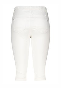 Pantalons capri blancs avec une taille élastique, dotés de deux poches arrière et d'un tissu lisse et extensible pour plus de confort.