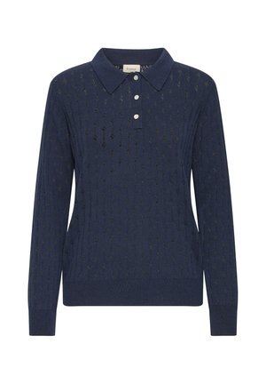 Polo en maille bleu marine à manches longues avec ourlet côtelé, poignets et patte de boutonnage à trois boutons sur fond blanc.
