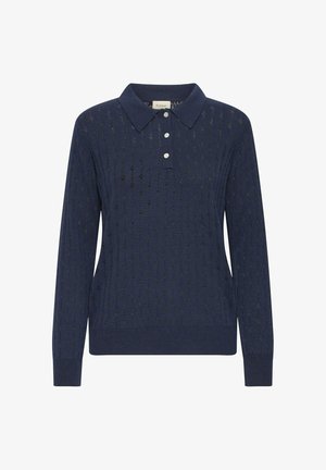 Polo en maille bleu marine à manches longues avec ourlet côtelé, poignets et patte de boutonnage à trois boutons sur fond blanc.