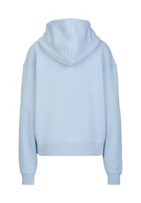 Lichtblauw cropped hoodie met een zachte textuur, oversized pasvorm en een grote achterkap. Voorzien van ribgebreide manchetten en zoom.