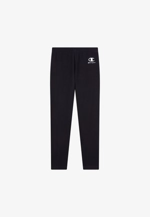 Leggings neri in cotone con un design aderente, caratterizzati da una texture liscia e un piccolo logo Champion bianco sull'anca sinistra.