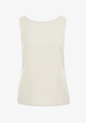 Ärm- och axelbandslös topp i krämfärg, slät tyg, rund halsringning, normal passform, inga påtagliga mönster eller detaljer, enkel och minimalistisk design.