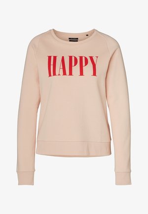 Sudadera de color rosa claro con mangas largas, puños acanalados y escote redondo. Presenta una gran letra roja que dice "HAPPY" en la parte delantera.