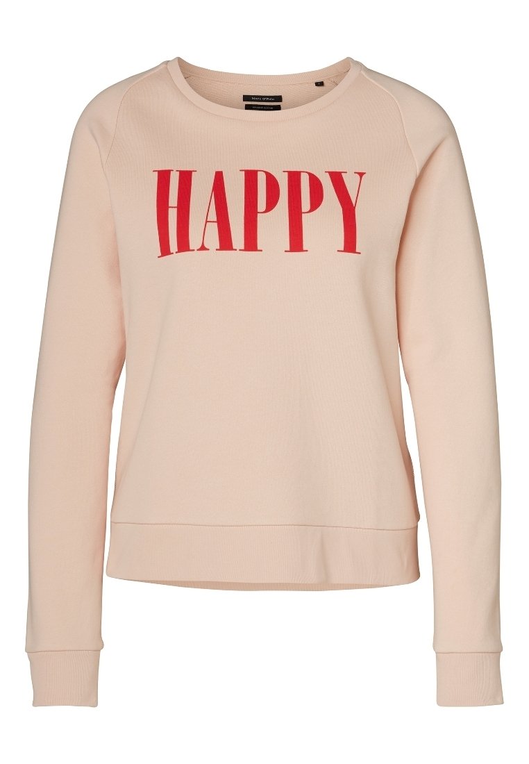 Sudadera de color rosa claro con mangas largas, puños acanalados y escote redondo. Presenta una gran letra roja que dice "HAPPY" en la parte delantera.
