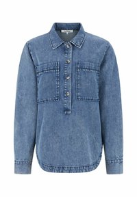 Gaiši zilas denima krekls ar apkakles izgriezumu, pogu aizdari, divām krūšu kabatām un garām piedurknēm ar aizdari.