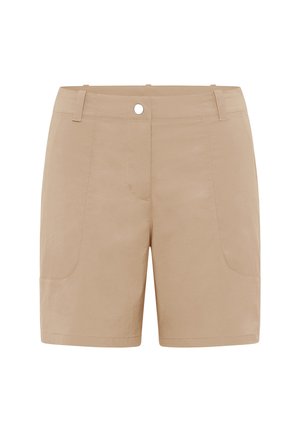 Beige knielange shorts met lussen voor een riem, voorsluiting met knopen en zichtbare naaddetails op een effen achtergrond.