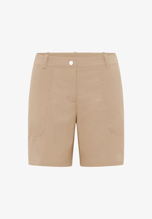 Beige knielange shorts met lussen voor een riem, voorsluiting met knopen en zichtbare naaddetails op een effen achtergrond.