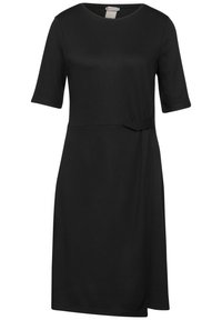 Černé šaty s krátkým rukávem a kulatým výstřihem. Vyrobené z měkké tkaniny, mají detail uzlu na boku a uvolněný střih v pase.