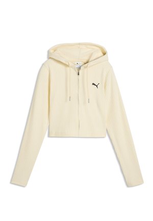 Sweat à capuche crème côtelé zippé avec manches longues et petit logo Puma noir sur la poitrine gauche.