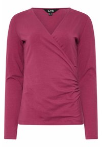 Langärmliges Top in Burgunderrot mit Wickeldesign und seitlicher Raffung. Aus weichem, dehnbarem Stoff mit V-Ausschnitt und taillierter Silhouette.
