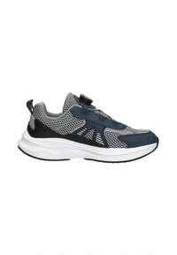 Heren sportshoe met een grijze mesh bovenkant, marineblauwe accenten, een bevestigingsdial voor een veilige pasvorm en een witte, gevoerde zool met een gestructureerde zwarte loopzool.