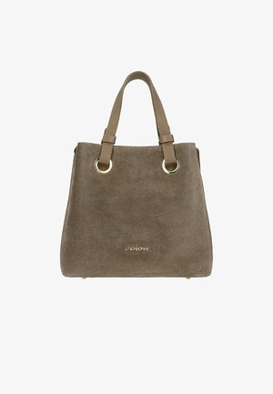 Taupe suède handtas met dubbele bovenhandvatten, gouden hardware accenten en een gladde textuur. Bevat een subtiele merkl logo aan de voorkant.