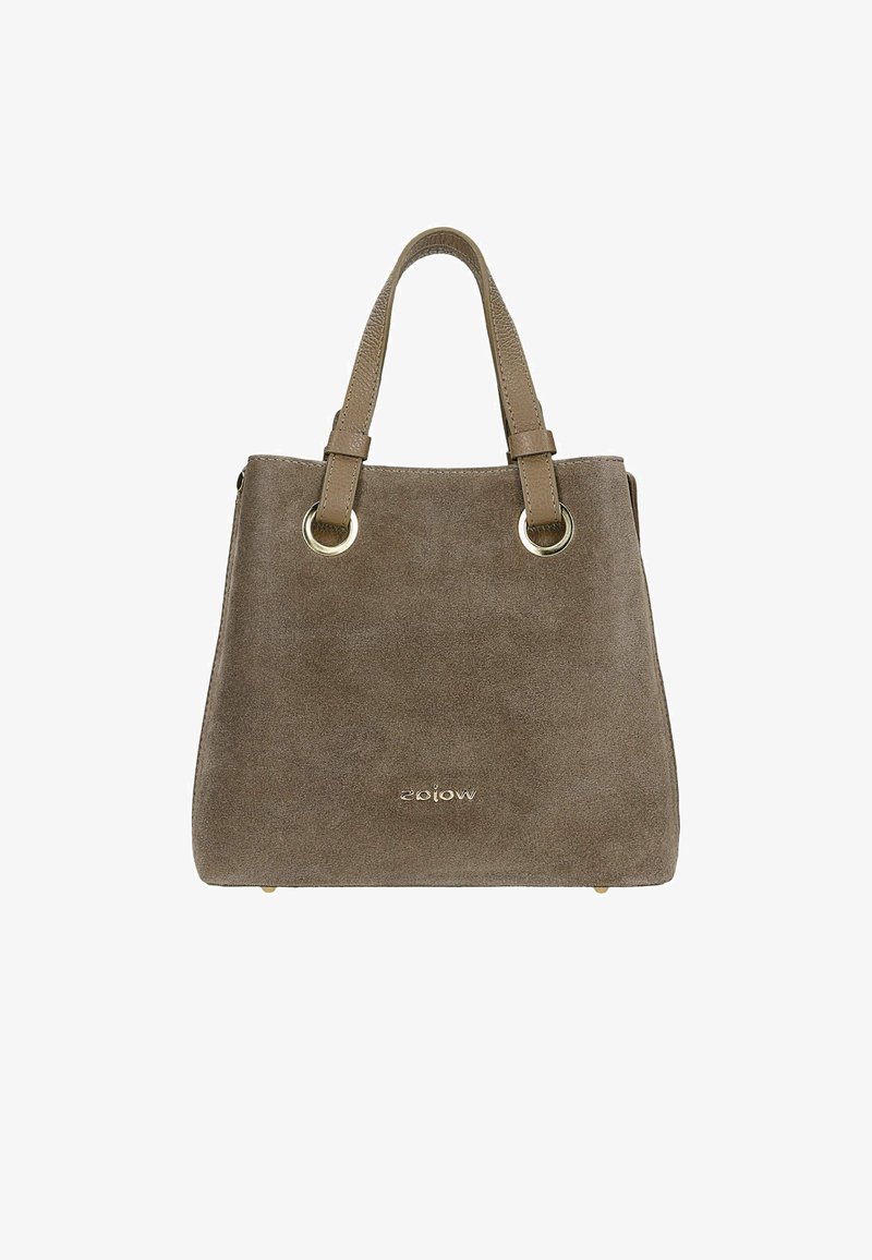 Torebka z zamszu w kolorze taupe z podwójnymi uchwytami na górze, złotymi akcentami i gładką teksturą. Posiada subtelne logo marki z przodu.