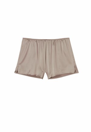 Pantaloni corti in satin beige con vita elastica, caratterizzati da spacchi laterali per facilitare il movimento. Texture liscia e design aderente.