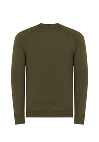 Maglione verde oliva con collo a coste, maniche lunghe e orlo a coste. Presenta un tessuto lavorato a maglia liscio e strutturato con design a manica raglan.