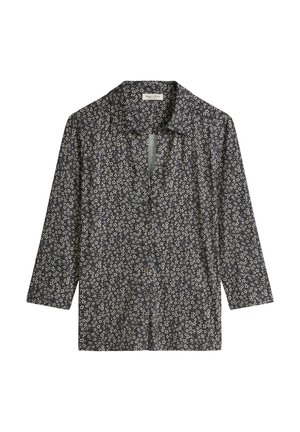 Schwarzes, langärmliges Hemd mit Knopfleiste, kleinem weißem Blumenmuster und spitzem Kragen.