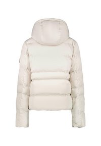 Pufferjack in licht crème kleur, met een capuchon, gequilt ontwerp en elastische boorden. Soepele textuur met gevoerde secties voor isolatie.