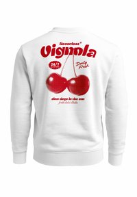 White sweatshirt featuring a red graphic design with two cherries, bold text, and a circular accent. Soft, textured fabric with ribbed cuffs.