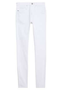 Jeans skinny de denim blanco con una textura suave, diseño de cinco bolsillos y herrajes plateados en la cinturilla y bolsillos.