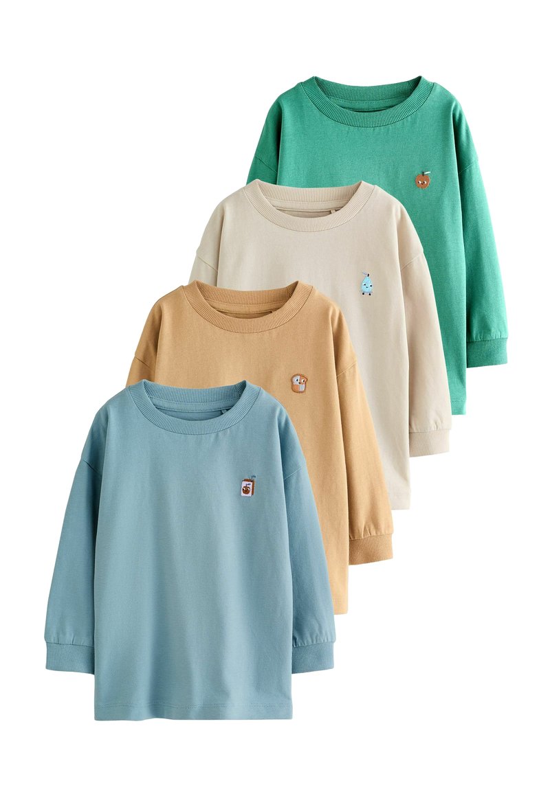 Fyra långärmade t-shirts i olika färger: teal, beige, crème och ljusblå, med små broderade djurmotiv på framsidan.