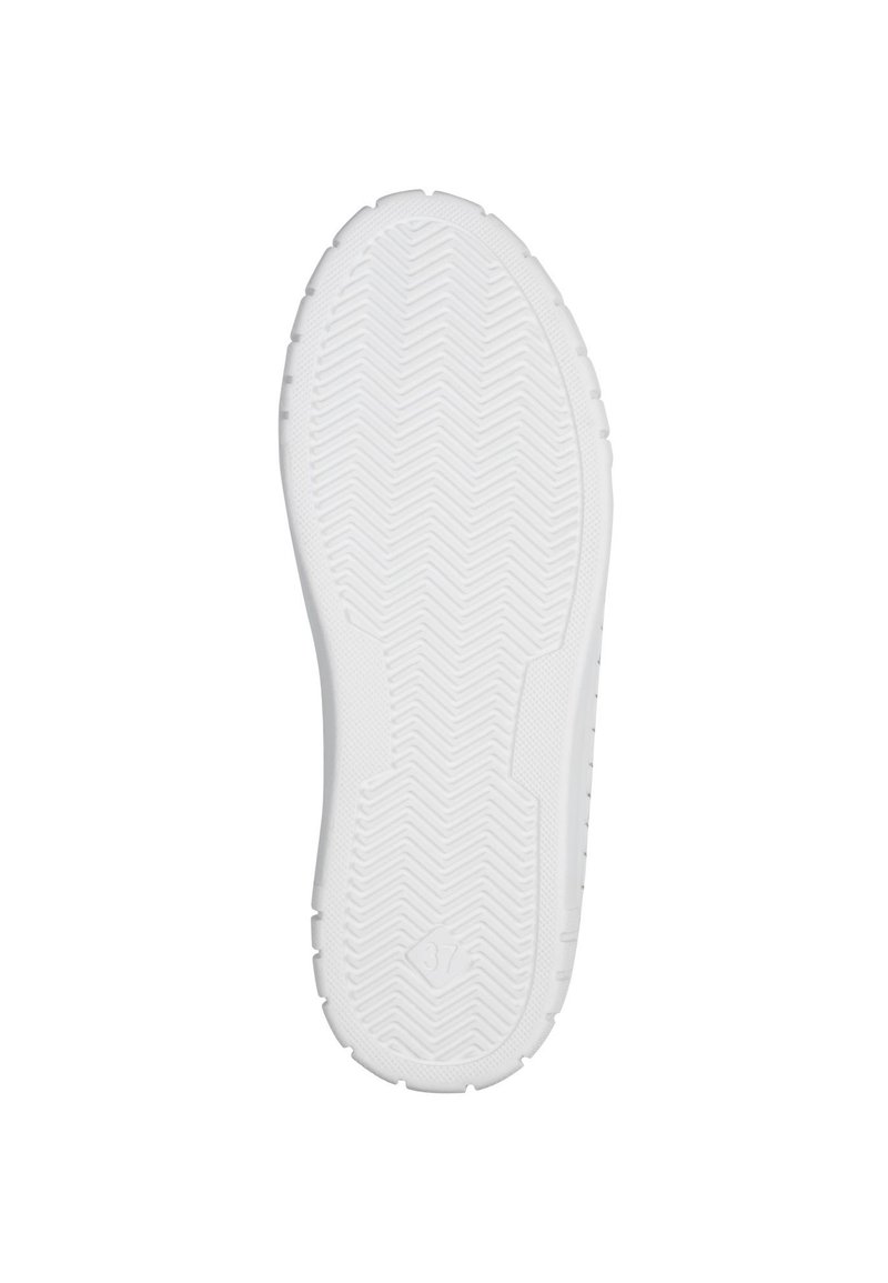 Suela de zapatilla blanca con patrón de espiga texturizado, punta redondeada y acentos elevados a lo largo de los lados. Tamaño marcado como 37.