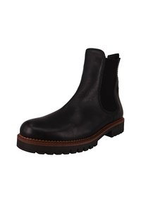 Schwarze Leder-Chelsea-Stiefel mit elastischen Seitenpaneelen, abgerundeter Spitze und strukturiertem Gummisohle mit braunem Akzent um die Basis.