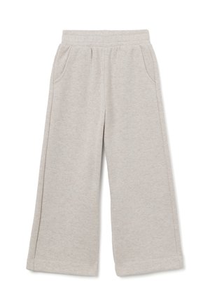 Lichtgrijze wijde broek van zachte stof, met een elastische tailleband en twee zijzakken. Glad van textuur en minimale stikseldetails.