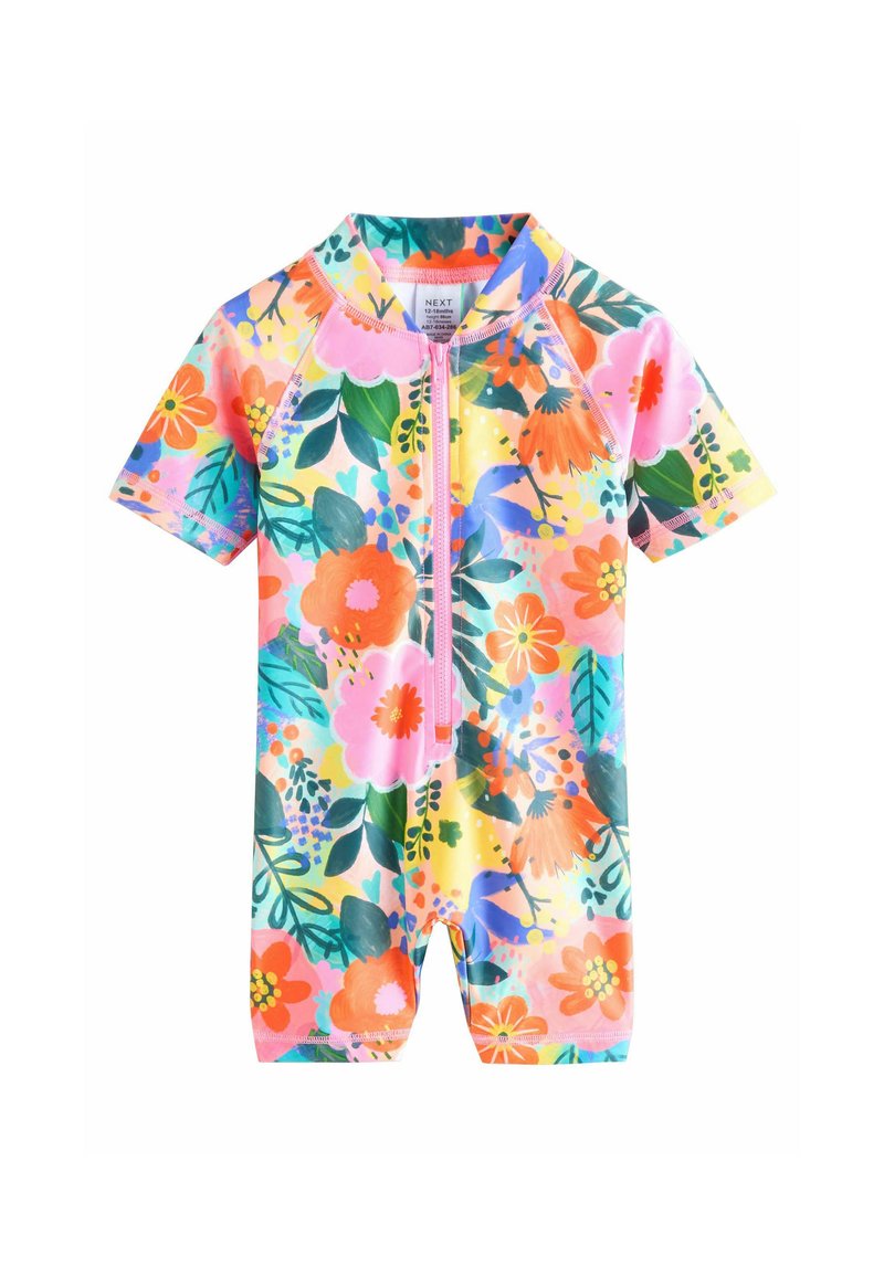 Kurzärmliger, floral gemusterter Kinder-Neoprenanzug in leuchtenden Farben, mit einem Reißverschluss an der Vorderseite und bunten Blumen- und Blätternmustern.