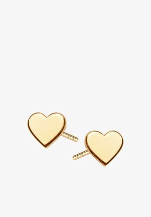 Złote kolczyki w kształcie serca o gładkiej, błyszczącej powierzchni i z zapięciem na szpilkę, zapewniającym pewne noszenie. Każdy kolczyk ma zaokrąglony kształt.