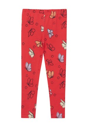 Rote Kinderleggings mit mehrfarbigen Schmetterlings- und kleinen Blumenprints, elastischem Bund, figurbetonter Passform.
