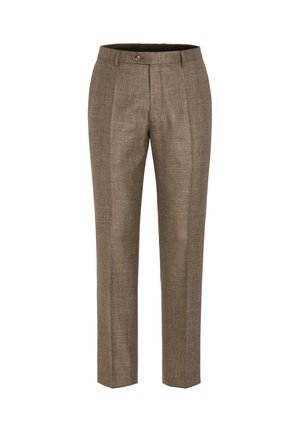 Pantalon marron sur mesure avec plis devant, passants de ceinture et fermeture par bouton à taille mi-haute.