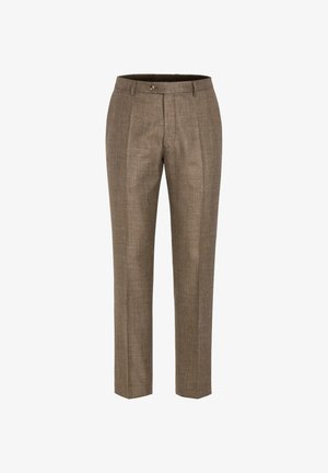 Pantalon marron sur mesure avec plis devant, passants de ceinture et fermeture par bouton à taille mi-haute.