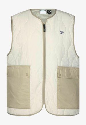 Wattierte ärmellose Weste in Creme und Beige, mit Reißverschluss vorne, zwei großen Vorderfächern, gestepptem Muster und dezentem Branding.