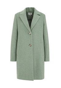 Vaaleanvihreä villasekoitetakki, jossa on kääntokaulus, kaksi etutaskua ja kolme nappia edessä. Sileä pinta, räätälöity malli.