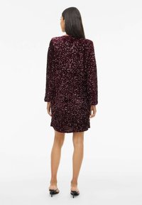 Bordo krāsas fliteru kleita ar garām piedurknēm un vaļēju piegriezumu. Audumam ir spīdīga, reljefa virsma, kas atstaro gaismu. Īss garums, noapaļota mala.