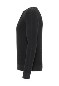 Pull en maille gris foncé avec des manches longues, un col rond, des bords côtelés aux poignets et à l'ourlet, présentant un motif texturé sur l'ensemble.