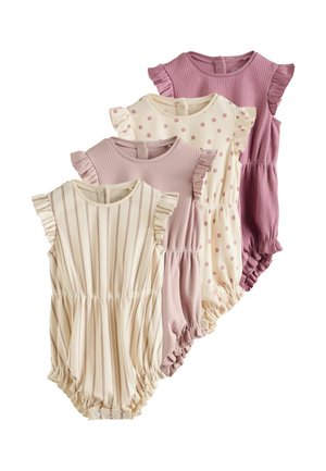 Four baby rompers in ribbed fabric. Colors include cream with stripes, light pink with dots, and solid dark pink. Features ruffled shoulders and elasticized bottoms.