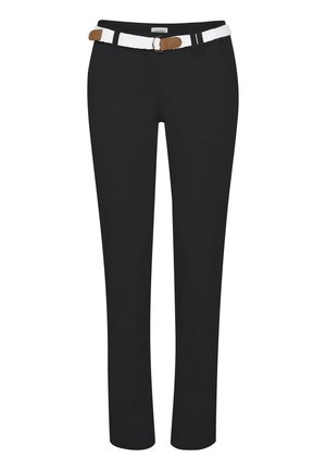Pantaloni negri din bumbac cu croială slim, având un braț țesut alb cu accente maronii. Două buzunare frontale și detalii de cusătură minime.