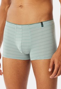 Boxer-briefs pour hommes à rayures vertes et blanches, avec une taille élastique, un tissu doux, une coupe ajustée et une poche frontale pour un soutien.