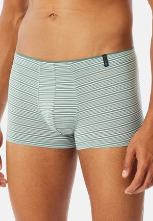 Gestreifte Herren-Boxershorts in Grün und Weiß, mit elastischem Bund, weichem Stoff, enger Passform und einer Fronttasche zur Unterstützung.