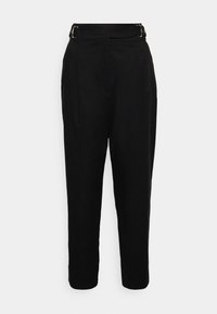 Pantalon noir à taille haute, avec une ceinture texturée et deux poches avant. Forme de jambe fuselée avec une finition lisse.