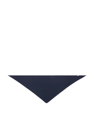 Marinblå triangulär scarf i mjukt tyg med en slät textur, med en spetsig topp och subtila sömnadsdetaljer.