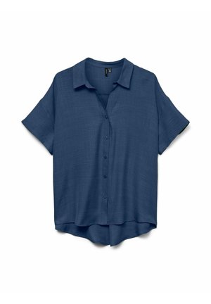 Kort mouw navyblauw overhemd met knopen en kraag, gemaakt van gestructureerde stof, afgebeeld tegen een witte achtergrond.