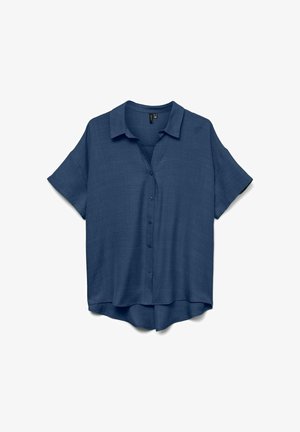 Tmavě modrá košile s krátkým rukávem a límečkem, vyrobená z texturované látky, zobrazena na bílém pozadí.