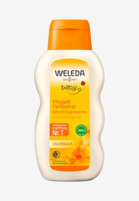 Flacone di olio per neonati Weleda con corpo bianco e tappo arancione. L'etichetta frontale presenta accenti gialli, testo in nero e illustrazioni di fiori di calendula.