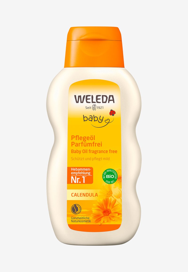 Flacone di olio per neonati Weleda con corpo bianco e tappo arancione. L'etichetta frontale presenta accenti gialli, testo in nero e illustrazioni di fiori di calendula.