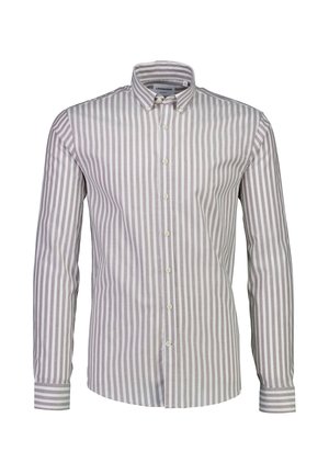 Langärmliges Hemd mit vertikalen beige-weißen Streifen, einem Knopfkragen und mit Knöpfen versehenen Manschetten.