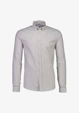 Langärmliges Hemd mit vertikalen beige-weißen Streifen, einem Knopfkragen und mit Knöpfen versehenen Manschetten.